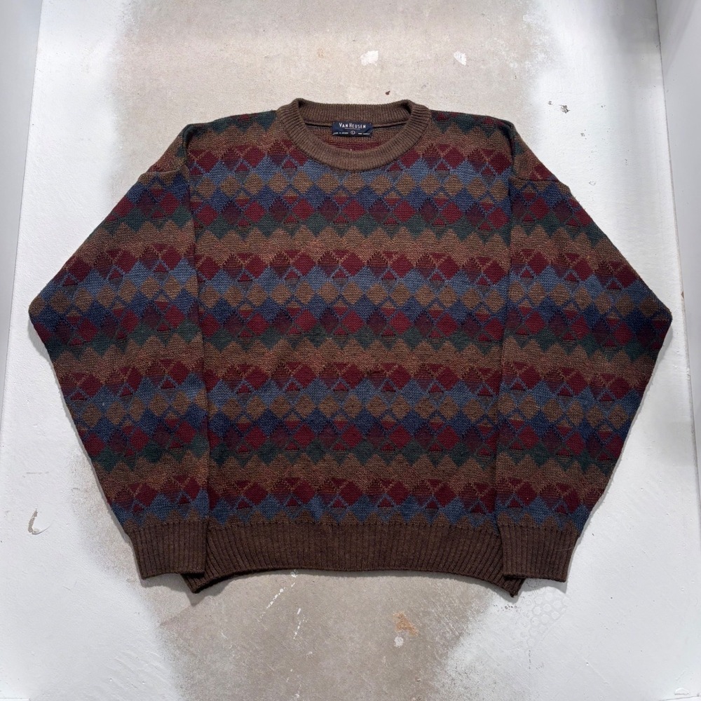 Van Heusen Mens Large Brown Argyle Geometric Knit Crewneck Sweater Vintage Style